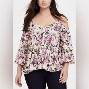 Torrid Women's Babydoll Cold Shoulder Top Blush Floral Size 3 Fairy Cottagecore